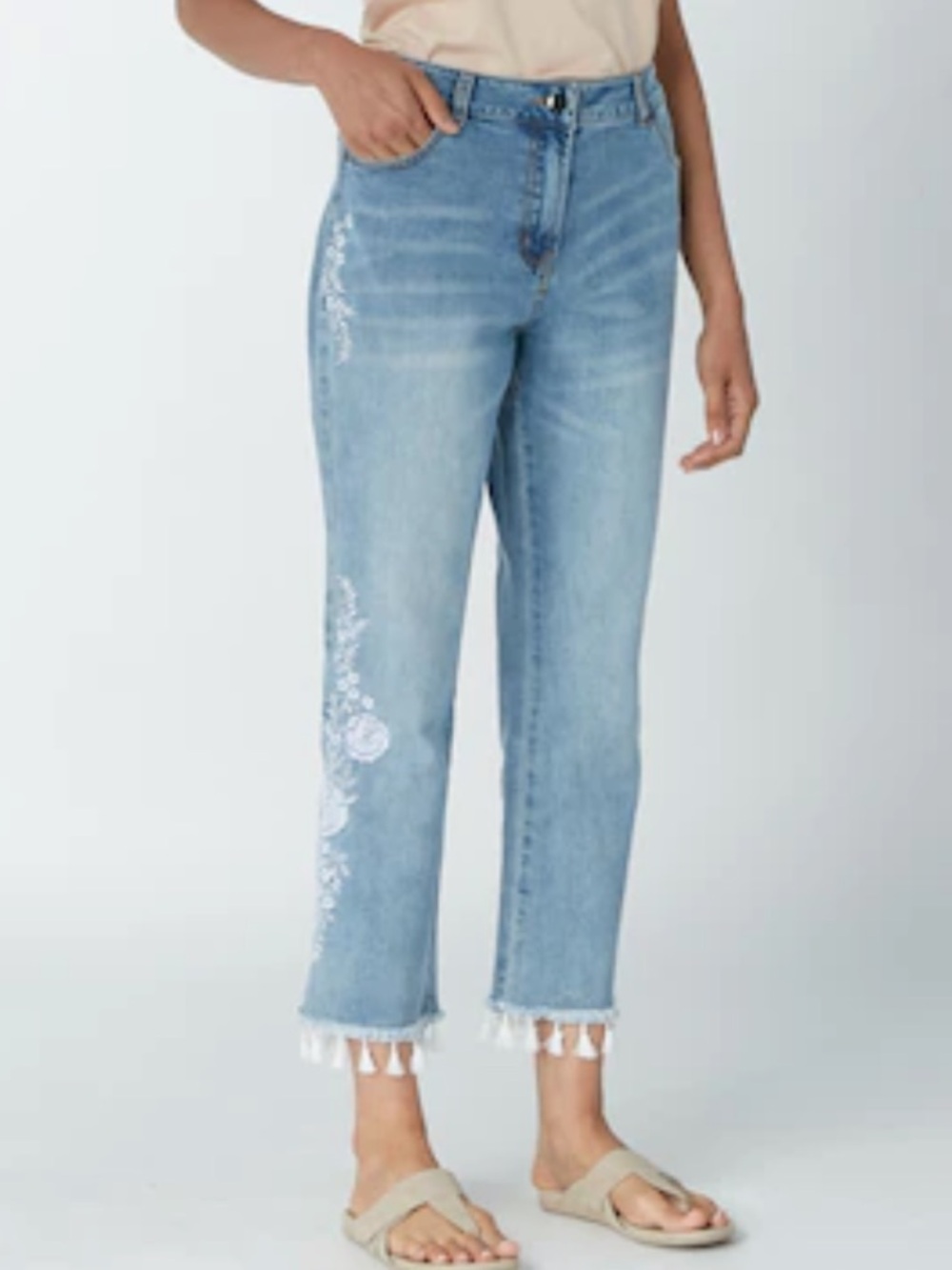 NWT-Light Blue Embroidered Crop Jeans with Tassel Hem